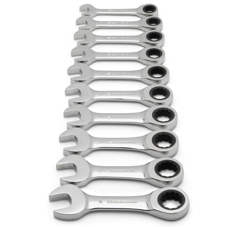 An angled perspective view of the 10-piece GEARWRENCH stubby metric wrench set illustrating the compact beam design and the complete range of sizes from 10mm to 19mm.