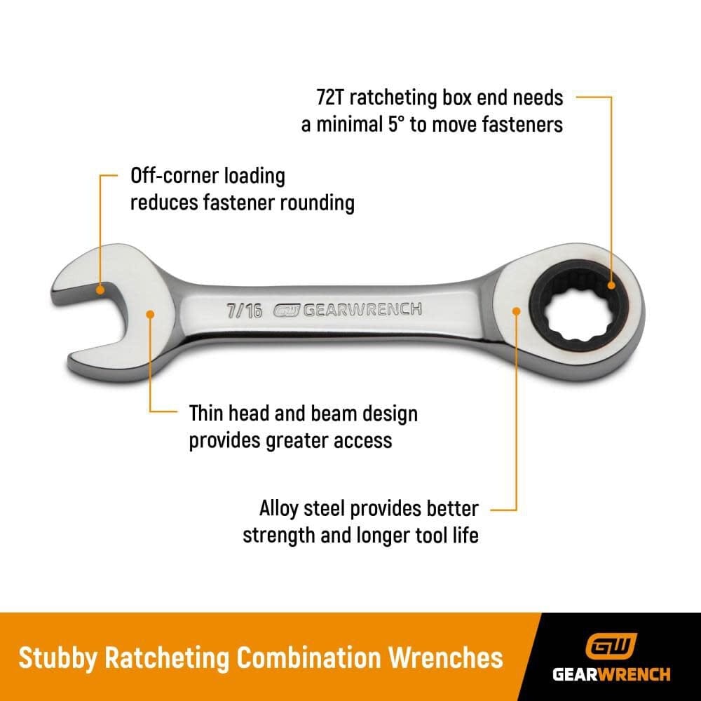 An informational marketing graphic for GEARWRENCH stubby ratcheting wrenches highlighting the 72-tooth box end with a 5 degree swing arc, off-corner loading to reduce rounding, and a thin head design for greater access.