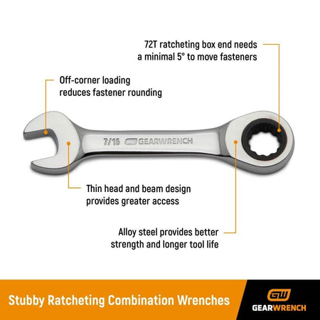 An informational marketing graphic for GEARWRENCH stubby ratcheting wrenches highlighting the 72-tooth box end with a 5 degree swing arc, off-corner loading to reduce rounding, and a thin head design for greater access.