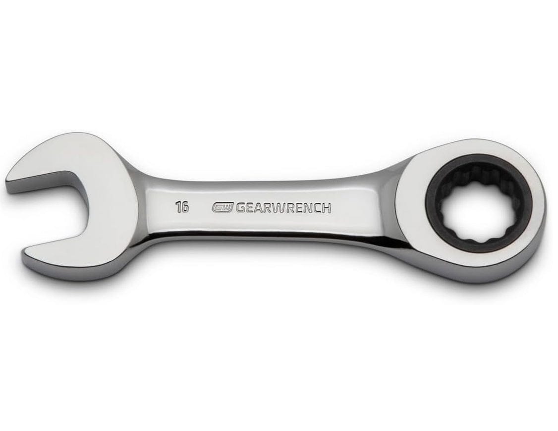 A close-up studio view of a single 16mm GEARWRENCH stubby metric wrench showcasing the 12-point ratcheting box end, standard open end, and professional-grade chrome plating.
