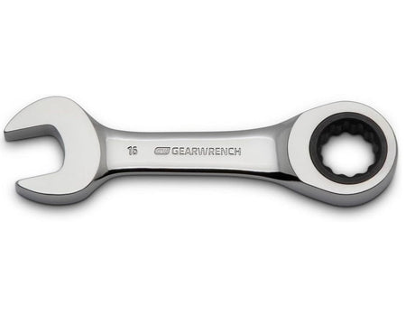 A close-up studio view of a single 16mm GEARWRENCH stubby metric wrench showcasing the 12-point ratcheting box end, standard open end, and professional-grade chrome plating.