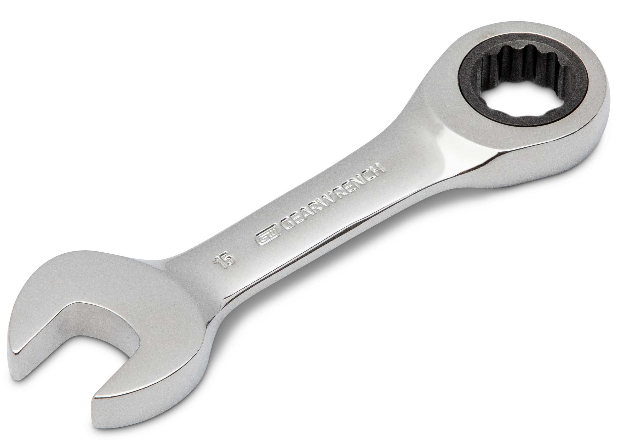 A detailed shot of a 15mm GEARWRENCH stubby combination wrench highlighting the precision-machined alloy steel head and the high-visibility size markings on the beam.