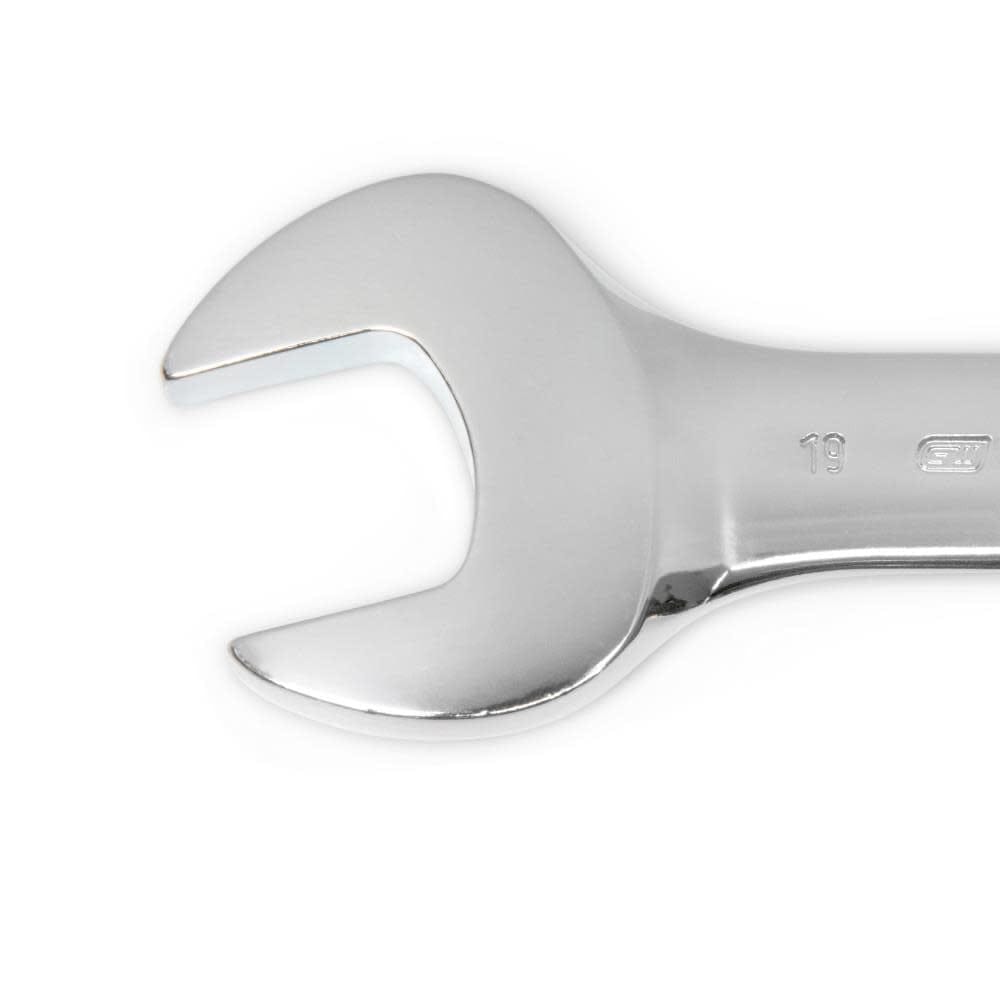 A macro view of the open-end head on a 19mm GEARWRENCH metric wrench emphasizing the sleek design and high-strength construction for heavy-duty industrial fastening.