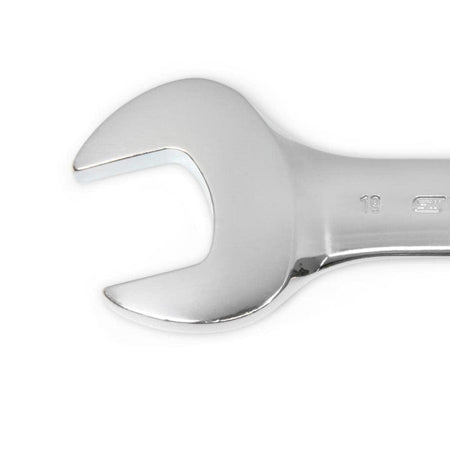 A macro view of the open-end head on a 19mm GEARWRENCH metric wrench emphasizing the sleek design and high-strength construction for heavy-duty industrial fastening.