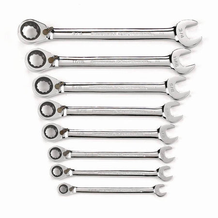A full studio shot of the GEARWRENCH 9533N 8-piece SAE reversible ratcheting combination wrench set featuring high-strength alloy steel construction and a mirror-like full polish chrome finish.