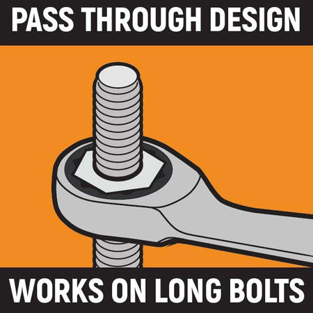 An informational graphic titled Pass Through Design illustrating a GEARWRENCH ratcheting wrench working on a long bolt to demonstrate the tool's versatility for deep fastening applications.