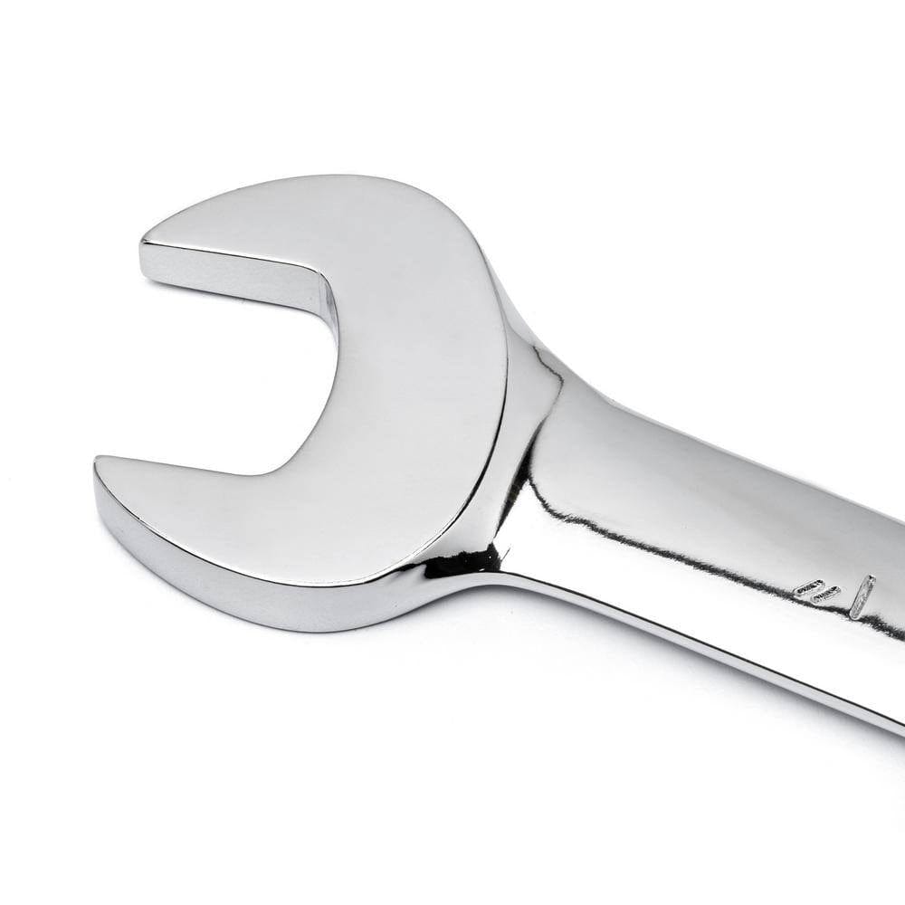 A detailed shot of the professional open-end head on a GEARWRENCH combination wrench showcasing the high-strength alloy steel and the 15-degree offset design for better access.