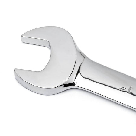 A detailed shot of the professional open-end head on a GEARWRENCH combination wrench showcasing the high-strength alloy steel and the 15-degree offset design for better access.