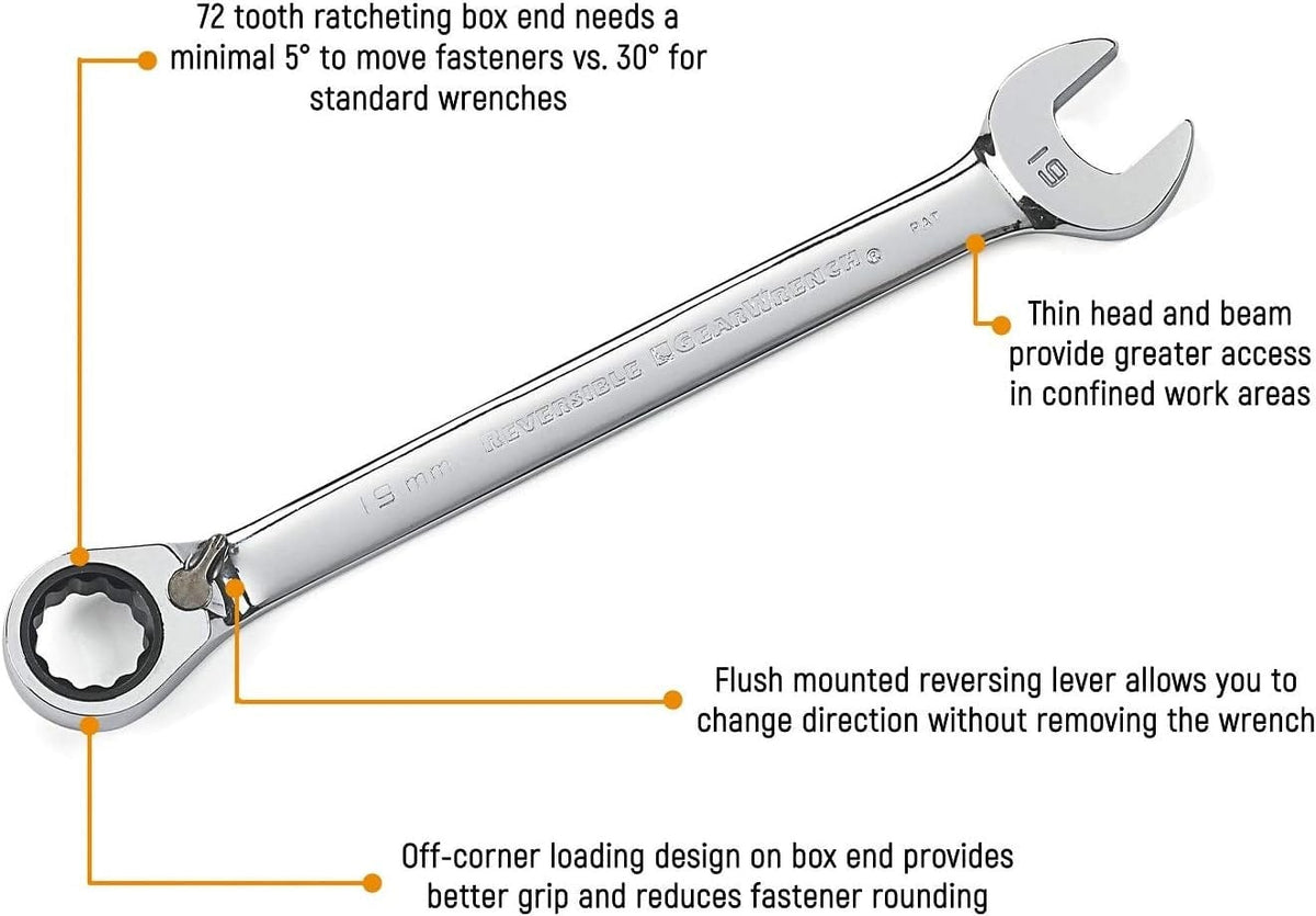 An informational marketing graphic for the GEARWRENCH reversible ratcheting wrench highlighting key features including the 5 degree swing arc, 15 degree offset box end, flush-mounted reversing lever, and off-corner loading to reduce rounding.