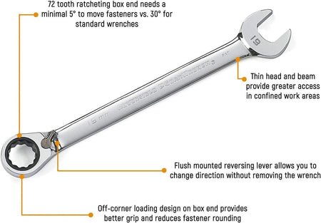 An informational marketing graphic for the GEARWRENCH reversible ratcheting wrench highlighting key features including the 5 degree swing arc, 15 degree offset box end, flush-mounted reversing lever, and off-corner loading to reduce rounding.