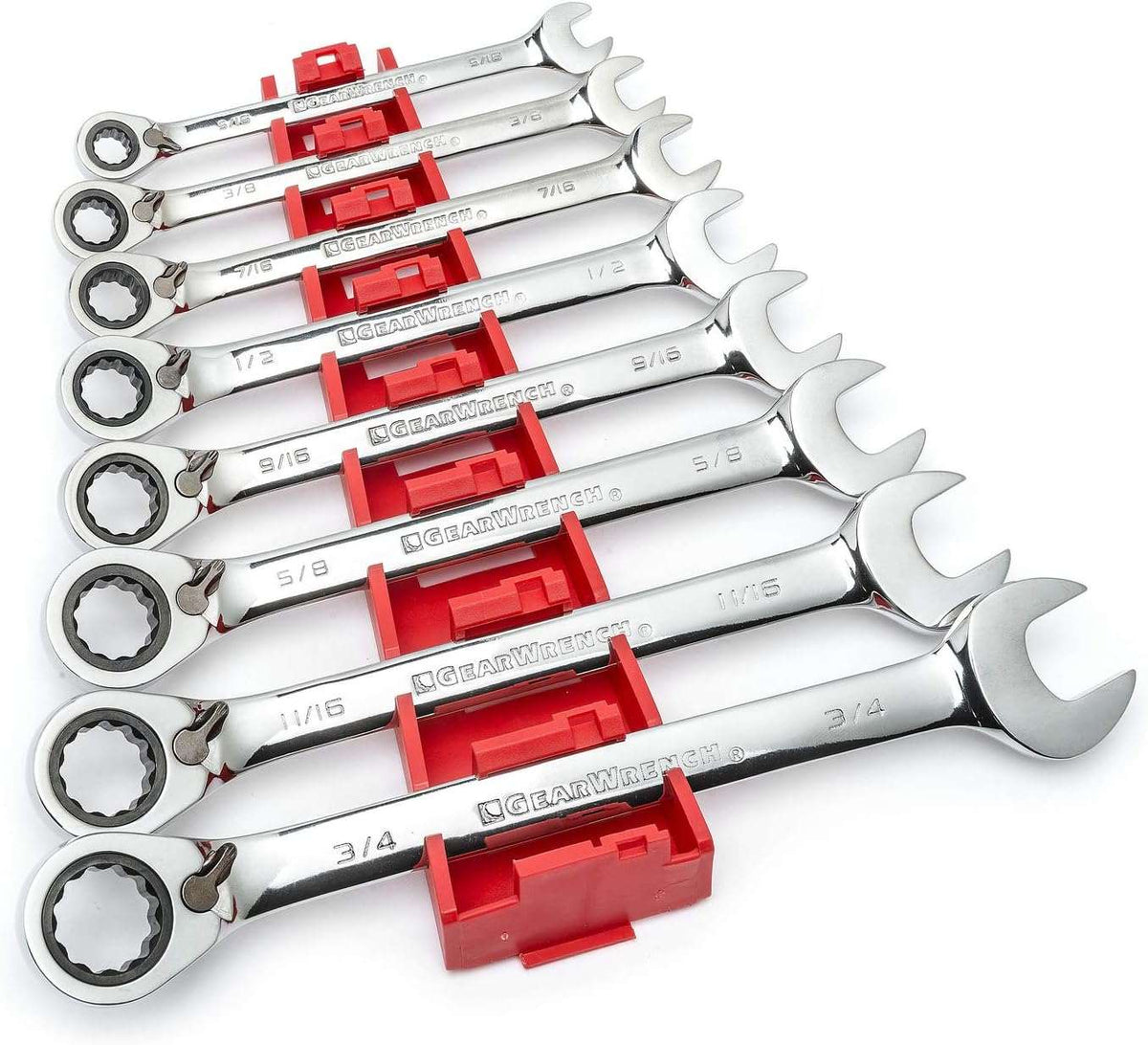 The GEARWRENCH 9533N 8-piece SAE wrench set organized in a professional red storage rack, illustrating the complete range of sizes from 5/16 inch to 3/4 inch and the compact reversible lever design.