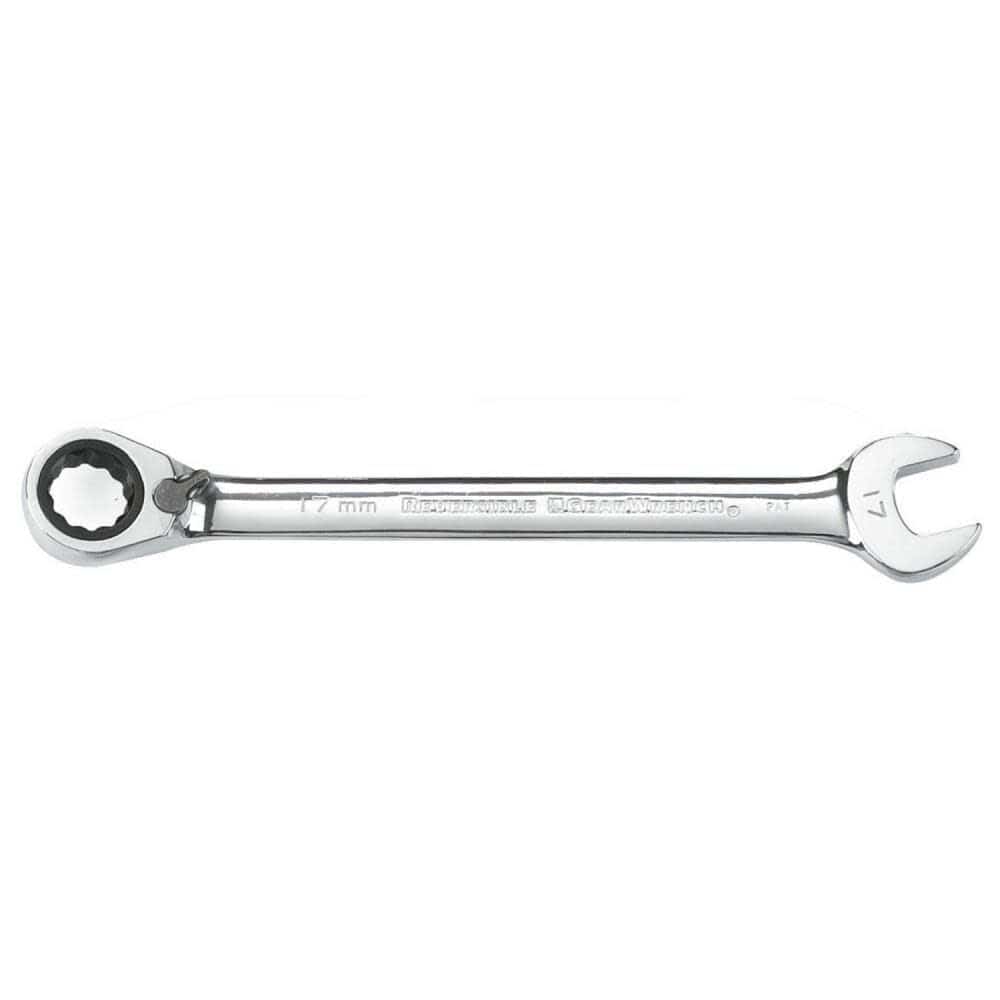 A side-profile view of a 17mm GEARWRENCH reversible ratcheting wrench emphasizing the standard length format and the high-strength chrome plated alloy steel construction.