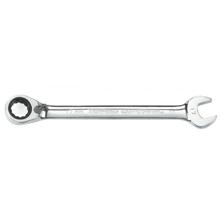 A side-profile view of a 17mm GEARWRENCH reversible ratcheting wrench emphasizing the standard length format and the high-strength chrome plated alloy steel construction.