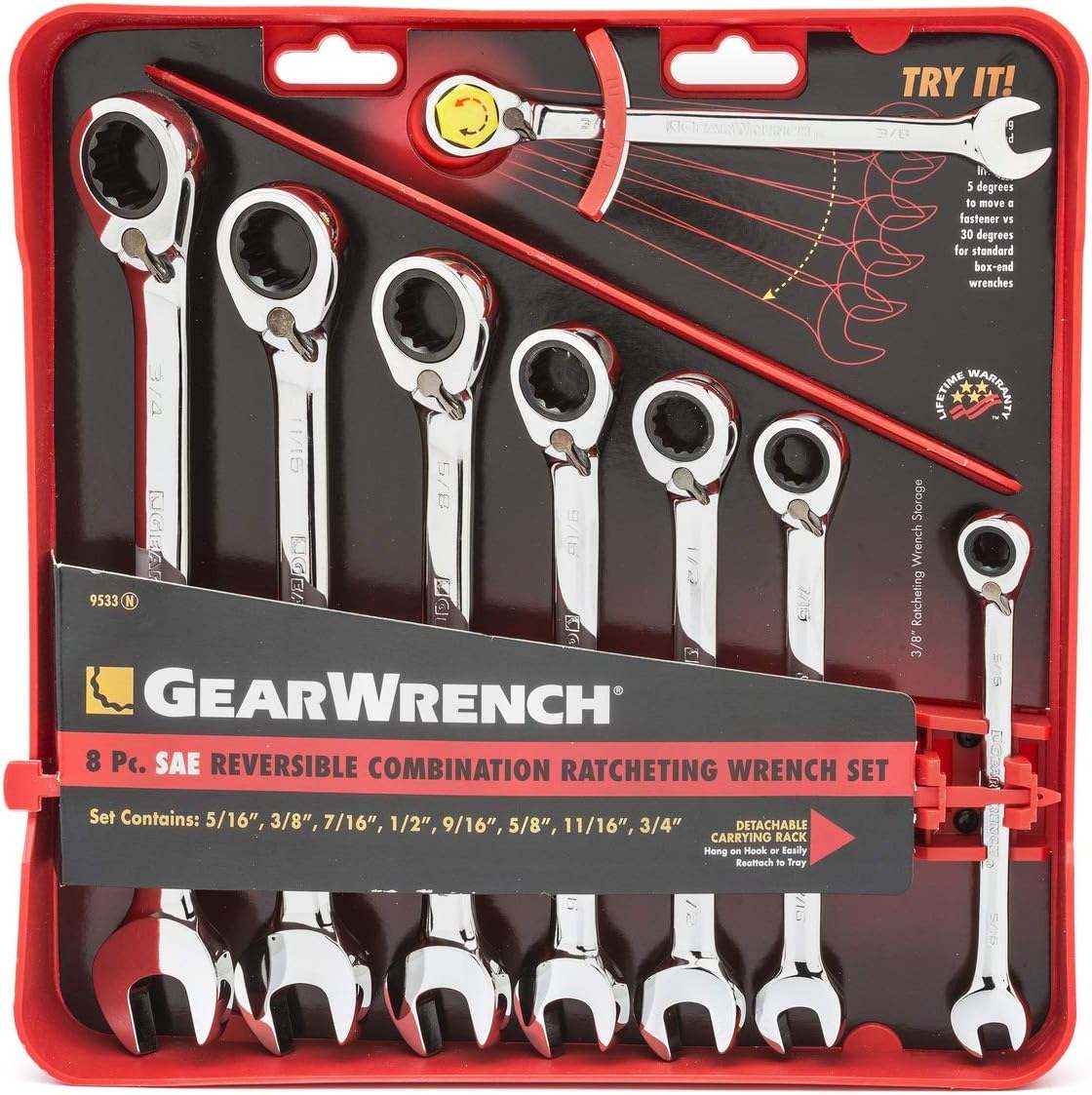 Retail packaging for the GEARWRENCH 9533N set in a high-visibility red tray, showcasing the 72-tooth 5 degree swing arc and the detachable carrying rack for shop organization.