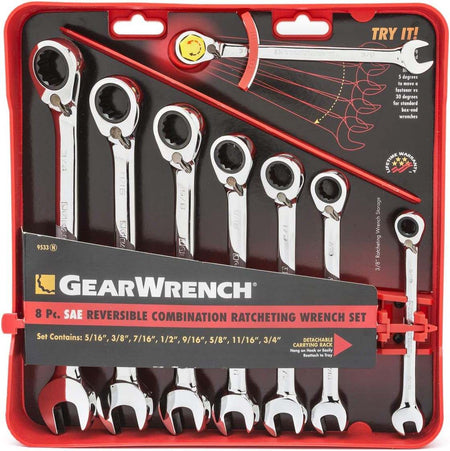 Retail packaging for the GEARWRENCH 9533N set in a high-visibility red tray, showcasing the 72-tooth 5 degree swing arc and the detachable carrying rack for shop organization.