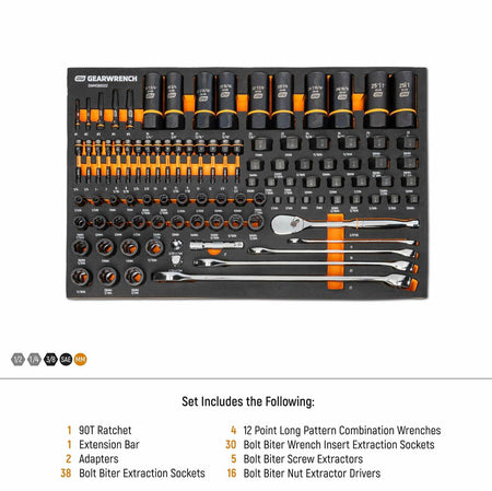 GEARWRENCH Bolt Biter tool set in foam tray with labeled slots for ratchets, wrenches, extraction sockets, nut drivers, and screw extractors; includes legend for tool types and quantities.