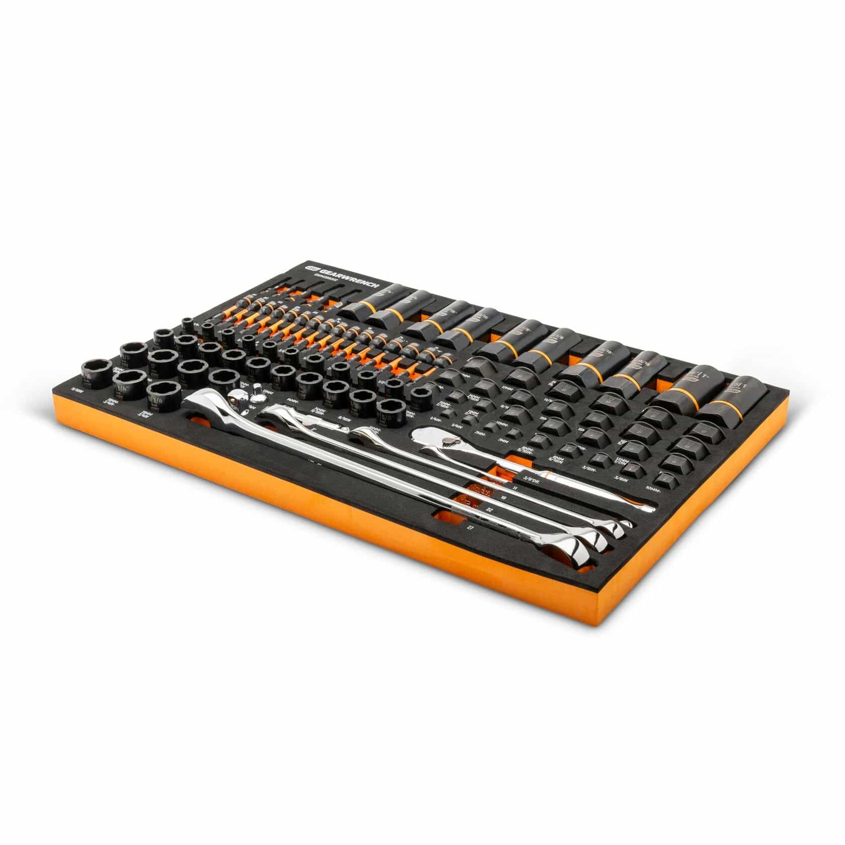 Foam tray containing GEARWRENCH sockets, ratchets, extensions, and screwdrivers arranged by size; orange and black contrast enhances tool visibility and organization for professional use