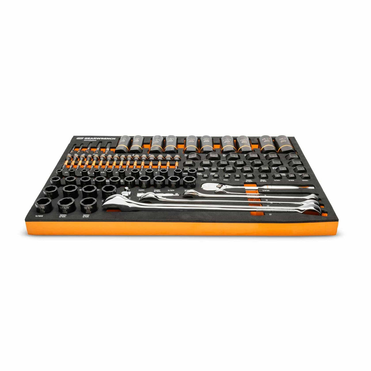 GEARWRENCH socket and wrench set organized in a black and orange foam tray with labeled slots; includes ratchets, extensions, and combination wrenches for modular tool storage systems
