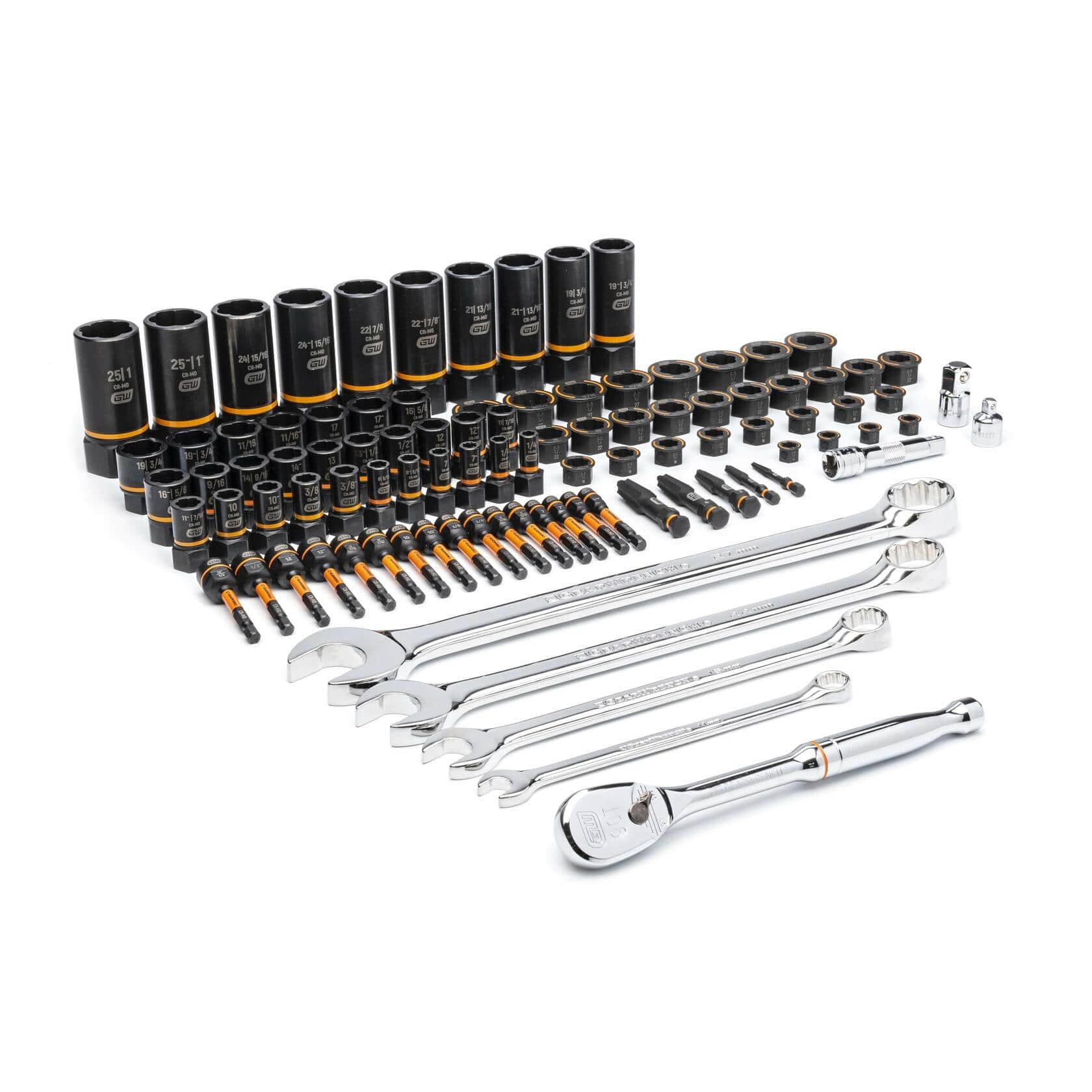 Comprehensive GEARWRENCH tool set including deep and shallow sockets, hex bits, combination wrenches, ratchets, and adapters arranged in a foam tray for mechanical and automotive use.