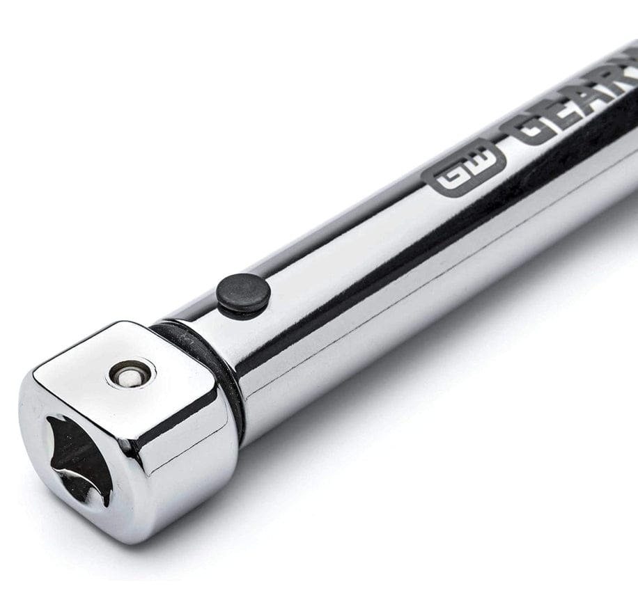 A detailed close-up of the head of the GEARWRENCH 89472 torque wrench, showing the 9mm x 12mm interchangeable head slot.