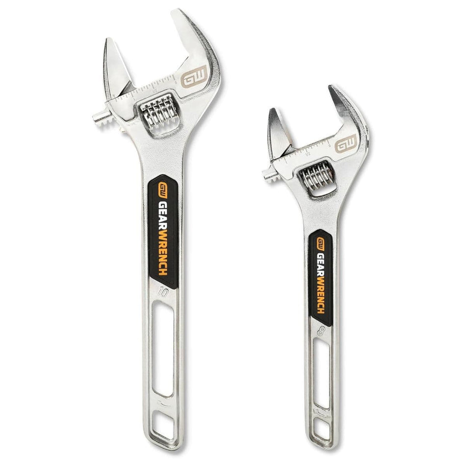 A vertical front view of two satin chrome finish GEARWRENCH adjustable wrenches from the 89750 set, displaying the larger ten-inch tool alongside the smaller eight-inch tool against a plain white background.