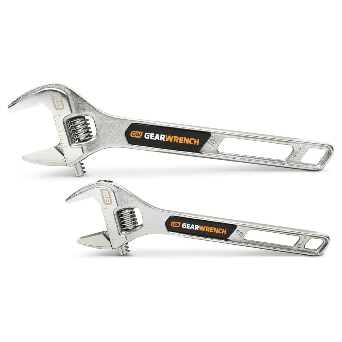 A horizontal view of the two satin chrome adjustable wrenches from the 89750 set, positioned parallel to each other to show the progressive head size and handle layout comparison.