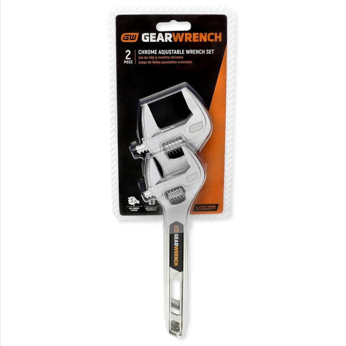 Front view of the commercial carded plastic blister packaging for the GEARWRENCH 89750 two-piece chrome adjustable wrench set, with the black and orange backing sheet visible.