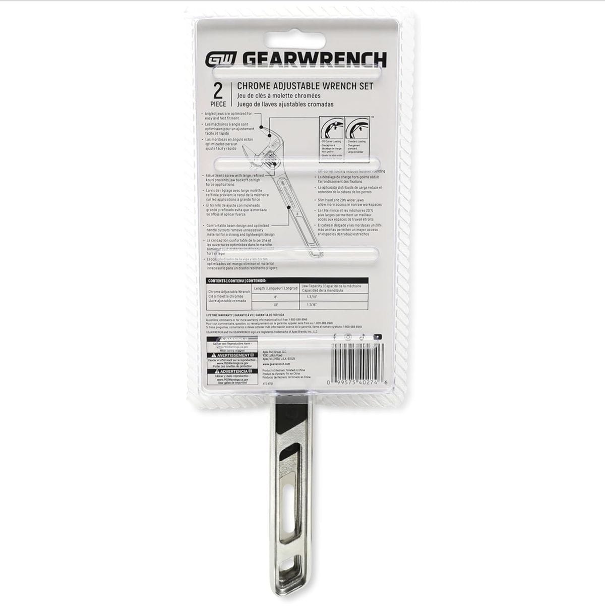 The back view of the carded retail packaging for the 89750 two-piece wrench set, highlighting standard dimensions, printed jaw capacity charts, safety instructions, and the product barcode.