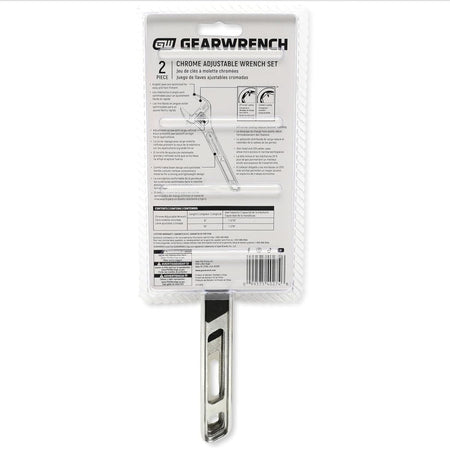 The back view of the carded retail packaging for the 89750 two-piece wrench set, highlighting standard dimensions, printed jaw capacity charts, safety instructions, and the product barcode.