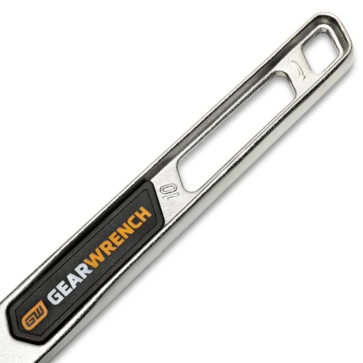 A detailed shot focusing on the steel handle beam structure of a ten-inch wrench, showcasing the integrated black and orange branded logo badge insert next to the weight-reducing cutout.