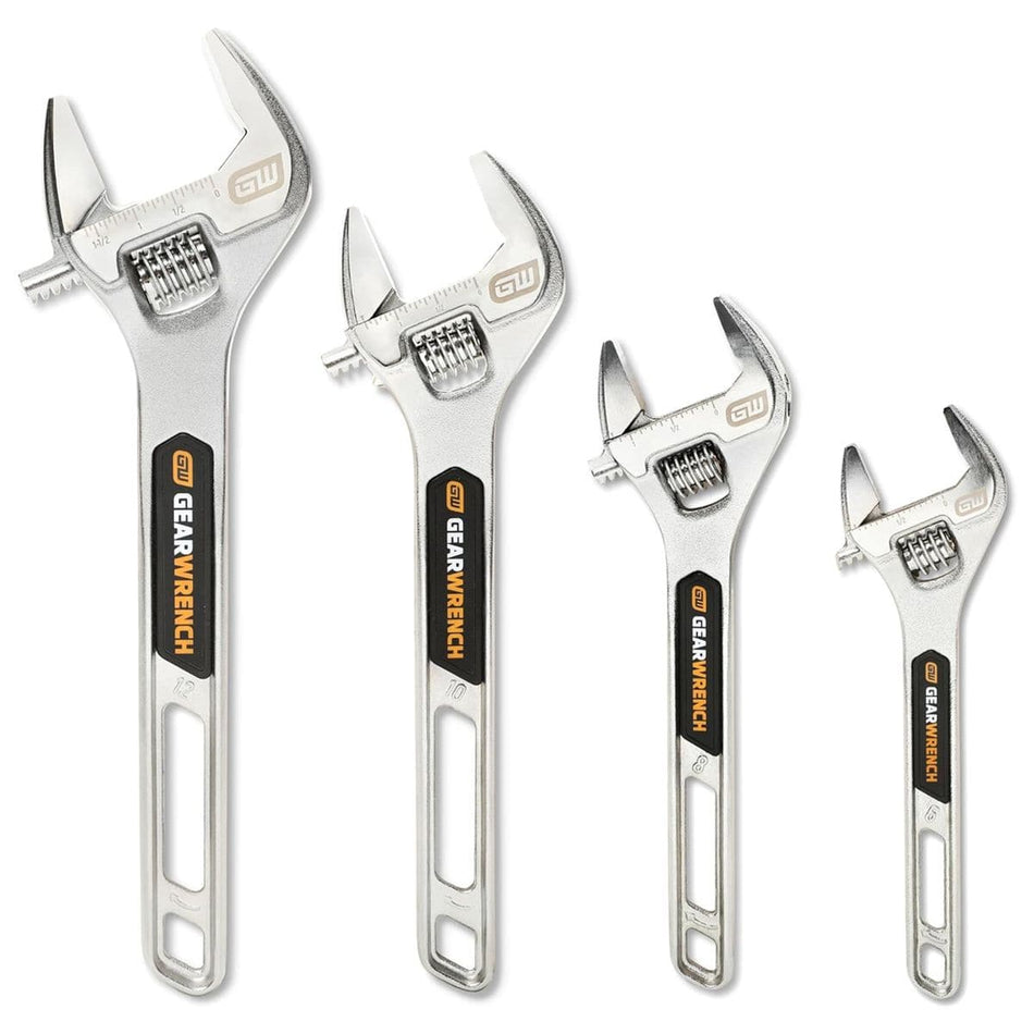 A vertical lineup of four satin chrome GEARWRENCH adjustable wrenches arranged in descending size order from the twelve-inch down to the six-inch model against a plain white background.