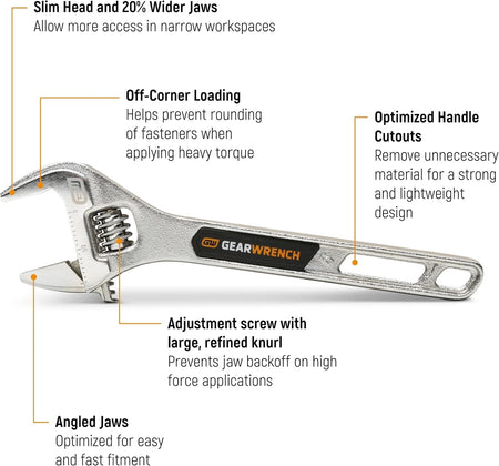 An infographic diagram detailing the technical components of a GEARWRENCH adjustable wrench, highlighting its slim head with wider jaws, off-corner loading profile to prevent rounding, and weight-reducing handle cutouts.