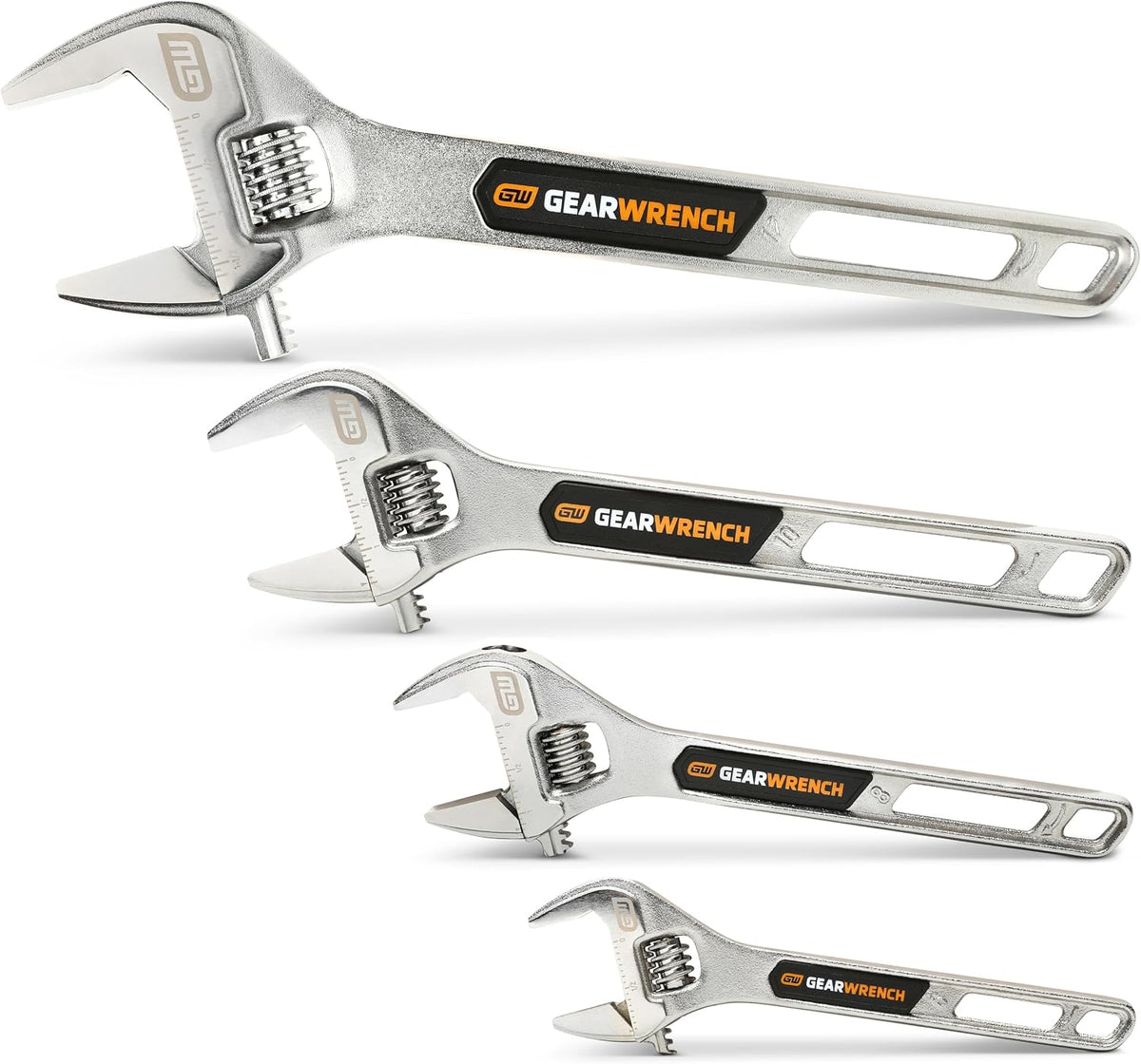 Four satin chrome finish GEARWRENCH adjustable wrenches displayed horizontally in a staggered arrangement, showcasing the full size range of the 89755 four-piece hand tool set.