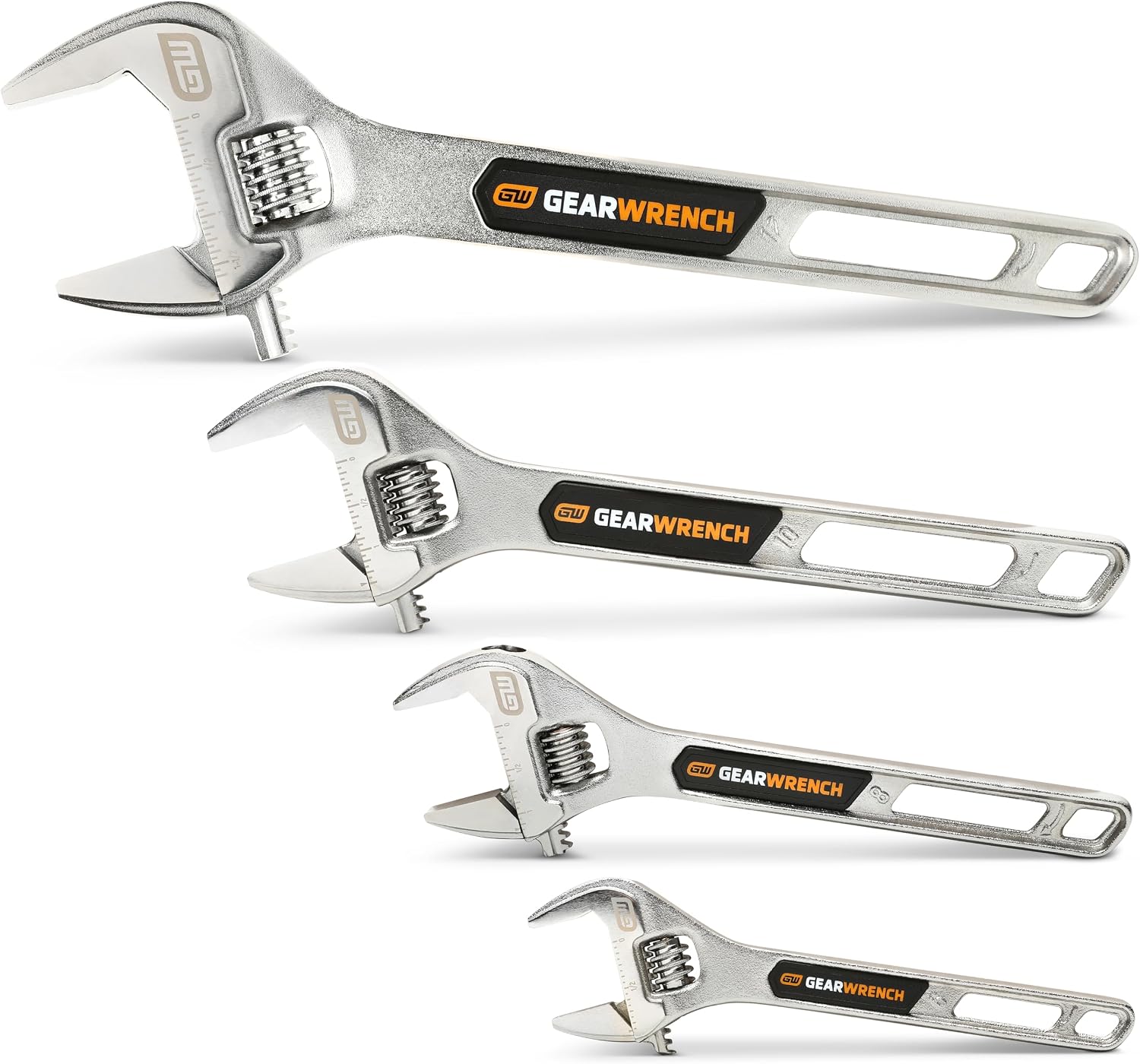 Four satin chrome finish GEARWRENCH adjustable wrenches displayed horizontally in a staggered arrangement, showcasing the full size range of the 89755 four-piece hand tool set.