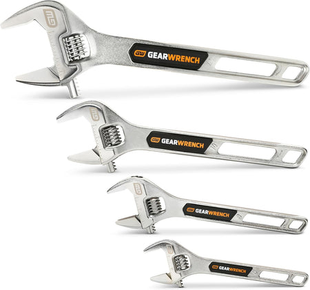 Four satin chrome finish GEARWRENCH adjustable wrenches displayed horizontally in a staggered arrangement, showcasing the full size range of the 89755 four-piece hand tool set.