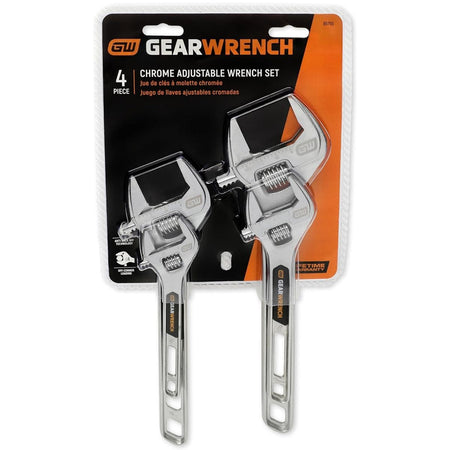 Front view of the professional retail carded packaging for the GEARWRENCH 89755 four-piece chrome adjustable wrench set, showing the tools secured under transparent protective plastic.
