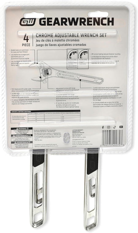 The back of the retail packaging card for the GEARWRENCH 89755 wrench set, displaying size charts, jaw capacity specifications, off-corner loading comparison diagrams, and warning labels.