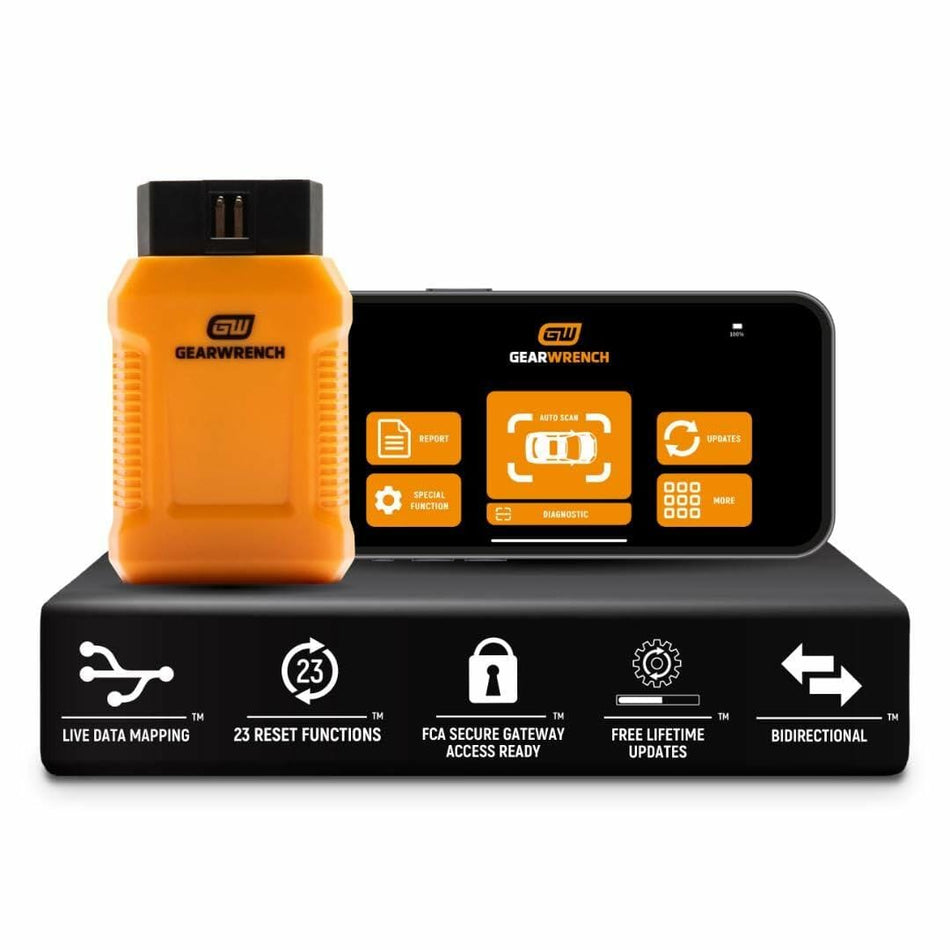 Alt Text (ADA-Compliant):
GEARWRENCH diagnostic tool and smartphone displaying app interface. Icons include VIN Scan, Report, Service, and Updates. Banner below highlights key features: live data mapping, reset functions, secure gateway access, and lifetime updates.
