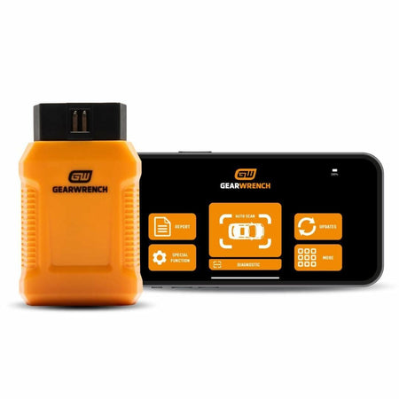 GEARWRENCH diagnostic tool and smartphone displaying scan interface. App screen shows icons for Auto Scan, Diagnostics, Reports, and Updates. Highlights wireless functionality and mobile integration.