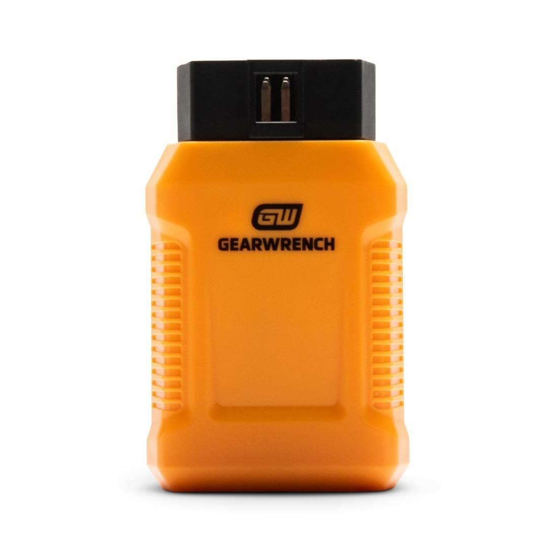 Bright orange GEARWRENCH diagnostic scanner with textured grip and black OBD-II connector. Used for accessing vehicle data and clearing fault codes. Logo displayed prominently on front.