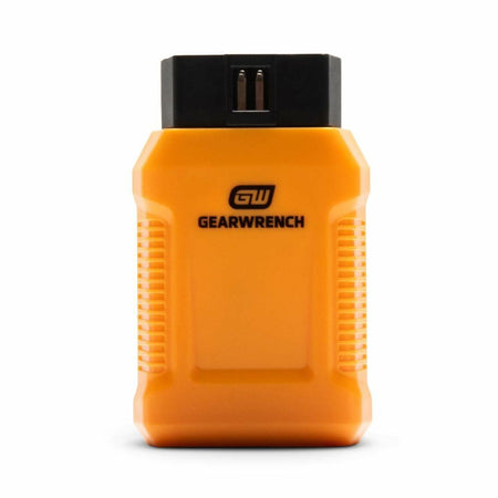 Bright orange GEARWRENCH diagnostic scanner with textured grip and black OBD-II connector. Used for accessing vehicle data and clearing fault codes. Logo displayed prominently on front.