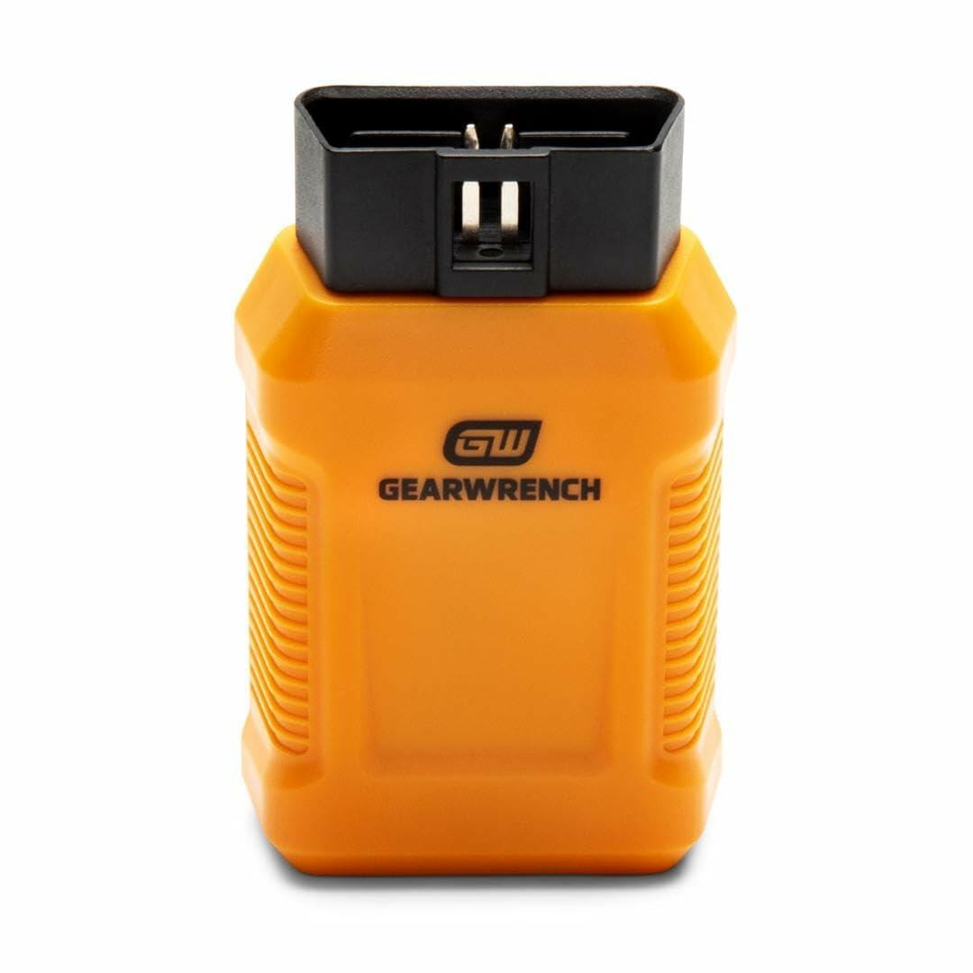 GEARWRENCH-branded OBD-II scanner with rugged orange and black casing. Connector at top plugs into vehicle diagnostics port. Designed for reading and clearing diagnostic trouble codes.