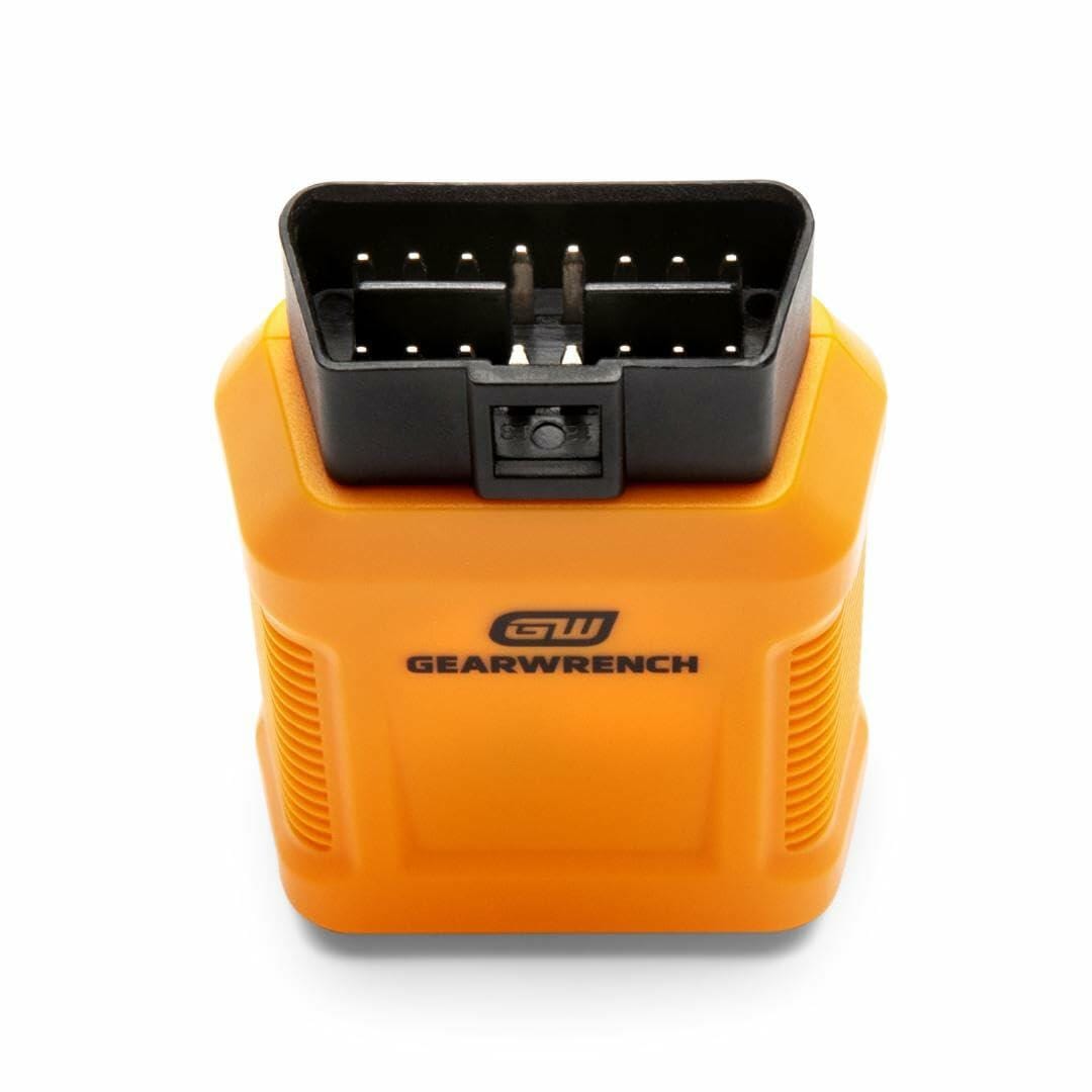 GEARWRENCH OBD-II diagnostic scanner with bright orange casing and standard connector. Used for reading trouble codes and interfacing with vehicle systems. Logo and branding are printed on the front.