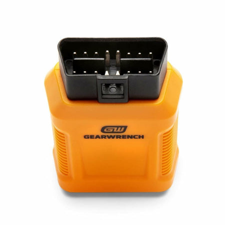 GEARWRENCH OBD-II diagnostic scanner with bright orange casing and standard connector. Used for reading trouble codes and interfacing with vehicle systems. Logo and branding are printed on the front.