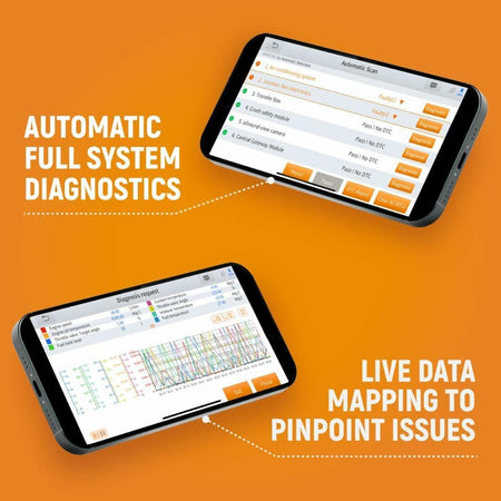 Two smartphones displaying GEARWRENCH diagnostic app. Top screen shows automatic system scan with “Pass | No DTC” results. Bottom screen shows live data mapping graph for sensor analysis.