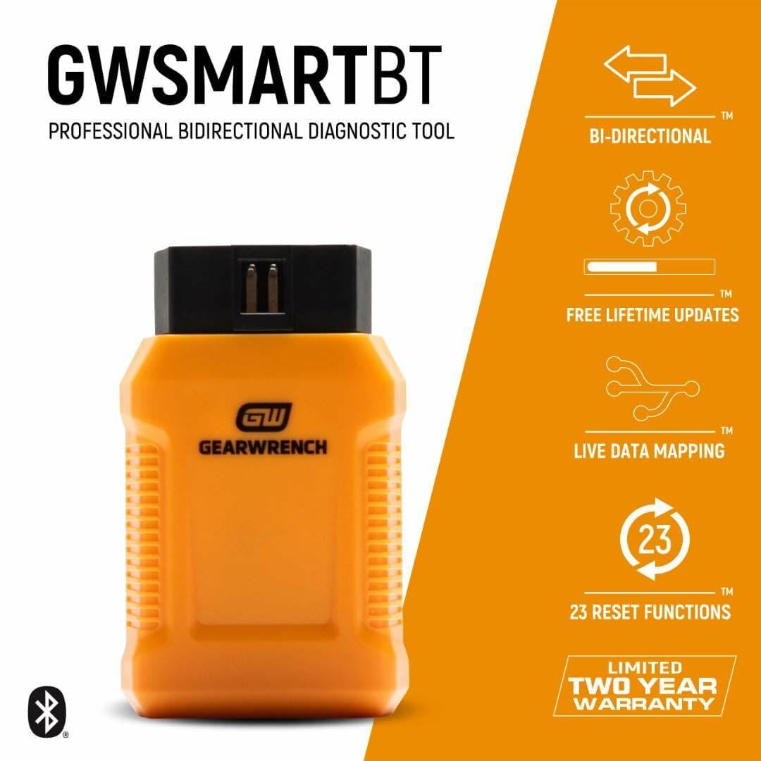 Promotional image for GEARWRENCH GWSMARTBT diagnostic tool. Lists features including bi-directional control, live data mapping, 23 reset functions, and free lifetime updates. Bluetooth icon and warranty info included.