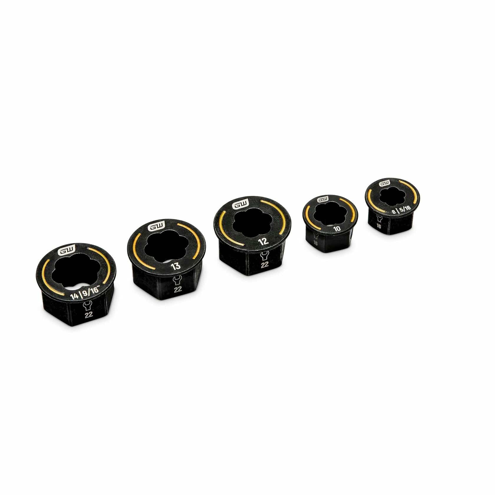 All five metric Bolt Biter inserts from the set lined up in order from largest to smallest on a white background.