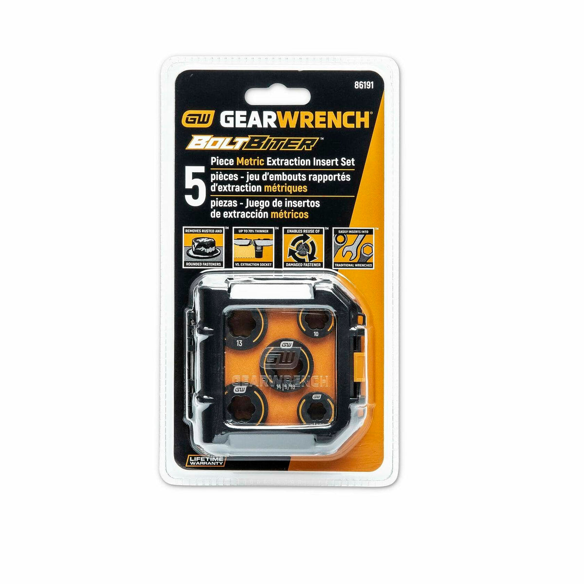 The retail carded packaging for the GEARWRENCH 86191 5-piece Bolt Biter metric insert set.