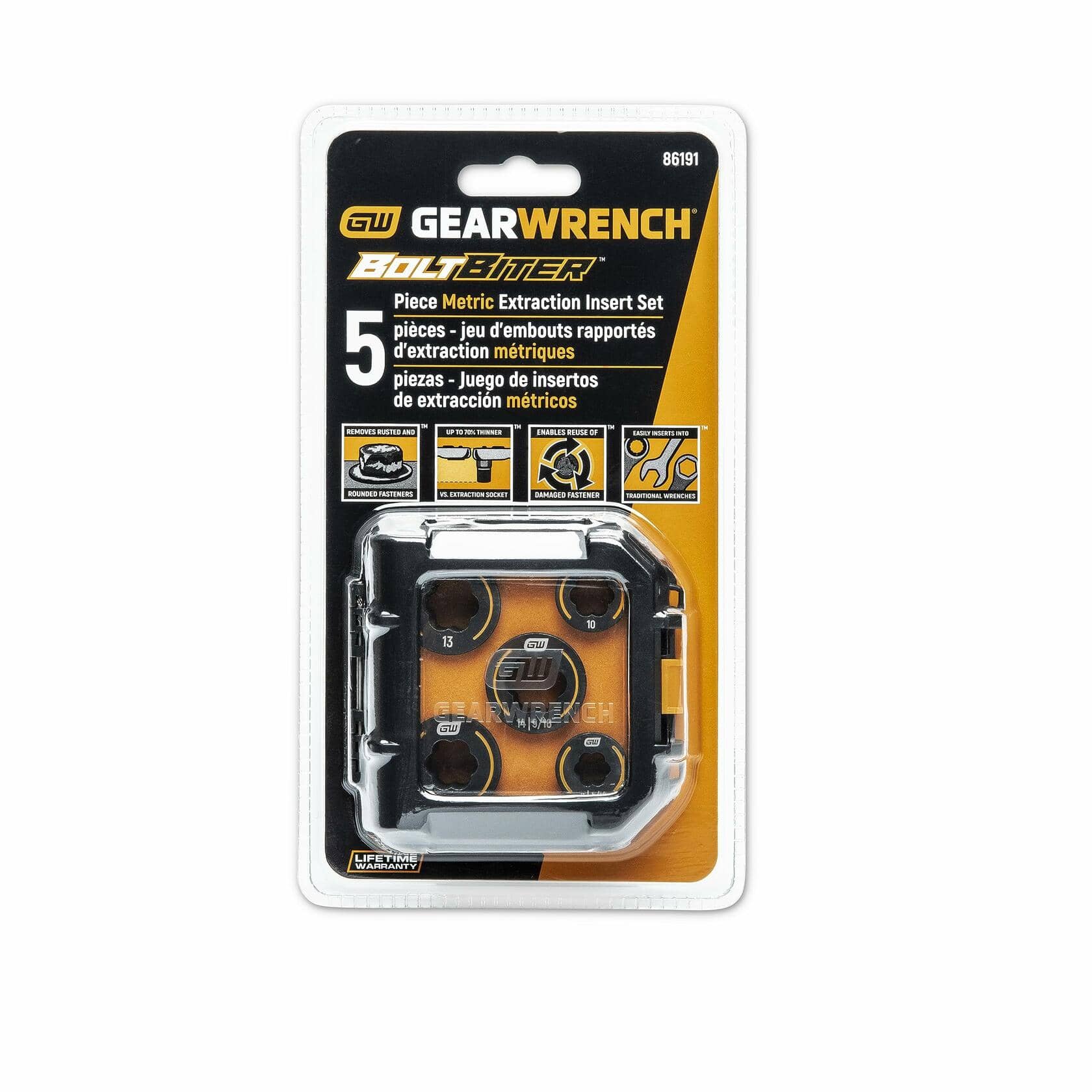 The retail carded packaging for the GEARWRENCH 86191 5-piece Bolt Biter metric insert set.