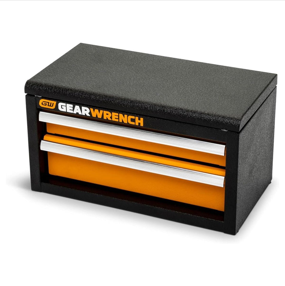 GEARWRENCH molten orange and black mini toolbox closed in a secure dual-drawer design with aluminum pulls for portable storage.